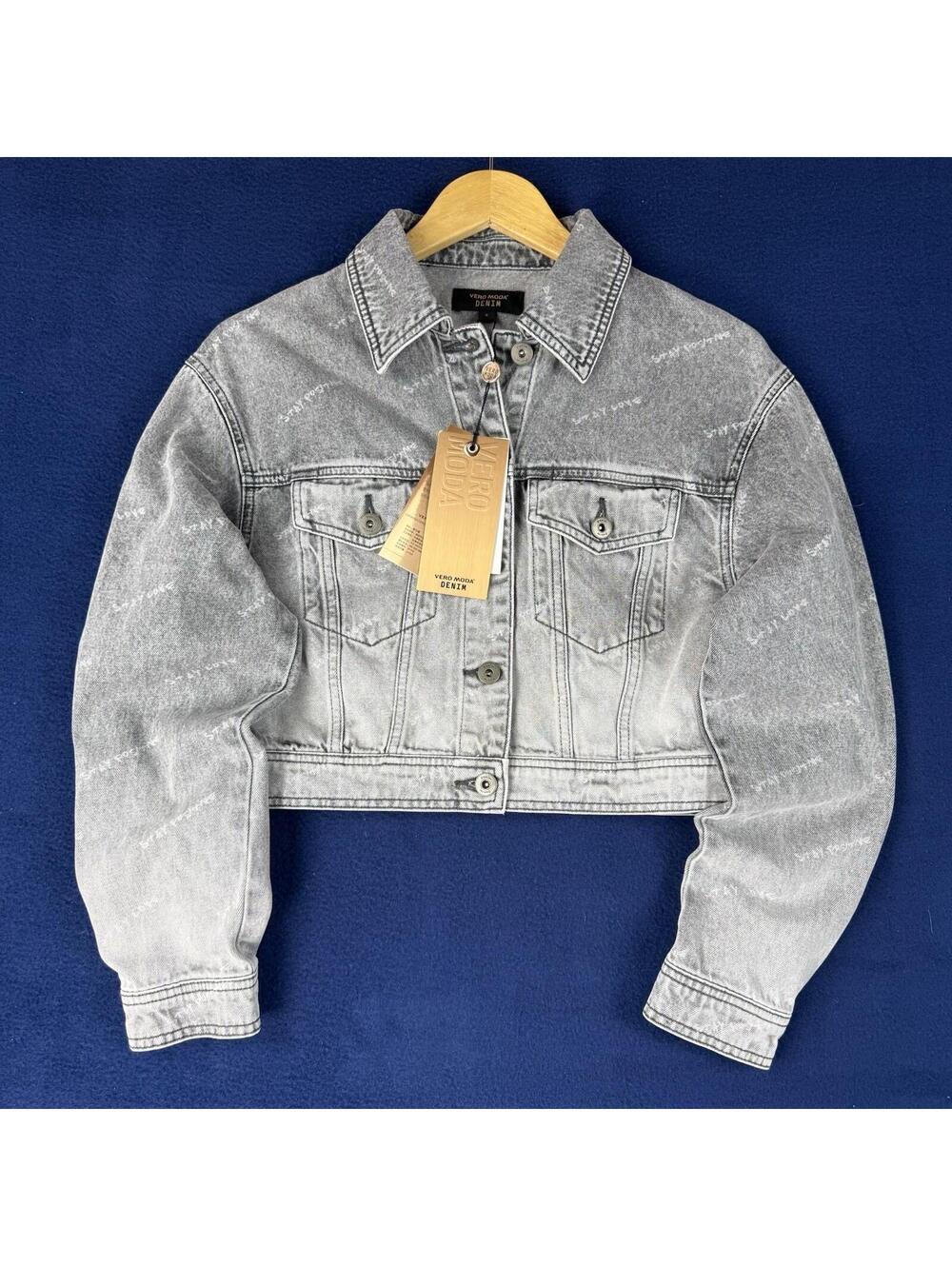 NWT Vero Moda Denim Cropped Jacket Acid Wash Gray Button Up Womens Trendy Y2K S